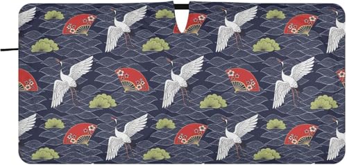 車用サンシェード フロント 折り畳み式 おしゃれ 軽自動車 カーシェード 鶴 扇子柄 和風 紺色 日除け 遮光 断熱 車用パラソル 汎用 日差しカット 収納袋付