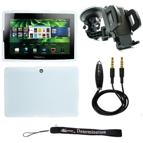 White Durable Protective Silicone Gel Skin Cover Case for BlackBerry 7 Inch Tablet and Audio Cable with Mic and Windshield Mount Kit and eBigValue TM Determination Hand Strap