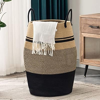 Jute Rope Laundry Hamper by YOUDENOVA, 105L - Woven Collapsible Laundry Basket - Clothes Storage Basket for Blankets organizing, Bedroom Storage, Clothes Hamper – Brown & Black