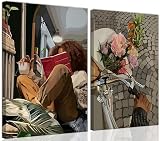 Modern African American Women Wall Art Set of 2,Cozy Reading & Bike Ride with Flowers Painting Canvas Prints,black woman Vintage Aesthetic Poster for Living Room, Bedroom, Office， Framed 12X16in