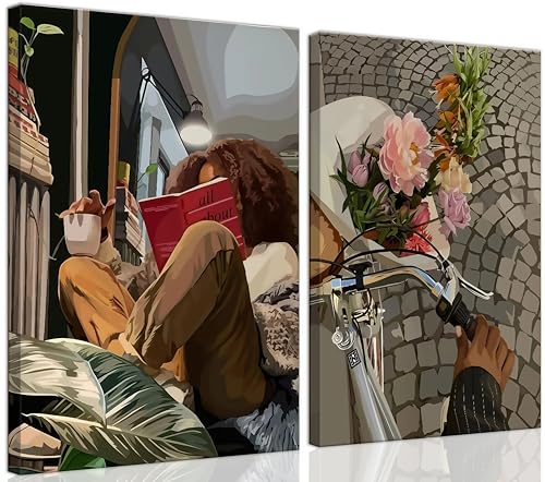 Modern African American Women Wall Art Set of 2,Cozy Reading & Bike Ride with Flowers Painting Canvas Prints,black woman Vintage Aesthetic Poster for Living Room, Bedroom, Office， Framed 12X16in