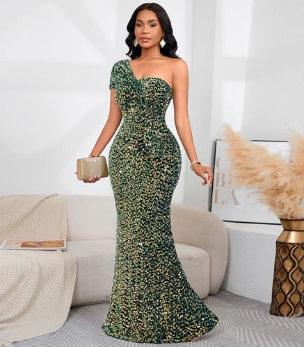 Image of Cololura Women Sexy Sequin One Shoulder Mermaid Formal Party Cocktail Gowns Bodycon Evening Maxi Dress