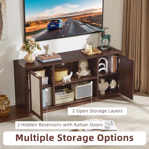 LEYAOYAO Rattan TV Stands for Living Room, Walnut | Boho Media Console with Rounded Corners & 6 Large Storage Compartments & Floor-Standing Design for 50-65 Inch TV