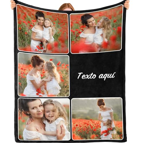 Bemaystar Manta Personalizada-Regalos Personalizados con Foto, Manta Sofa y Cama, Regalos Originales para Mujer, Hombre, Regalo Aniversario, Cumpleaños, San Valentín, Navidad(5 Fotos&texte)