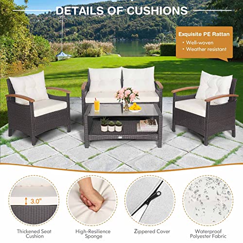 Tangkula 4 Piece Patio Rattan Conversation Set, Outdoor Wicker Sofa Set W/2-Layer Coffee Table, Backrest & Seat Cushions, Acacia Wood Curved Armrests, Suitable For Poolside, Backyard, Deck (1, White) #TOP5