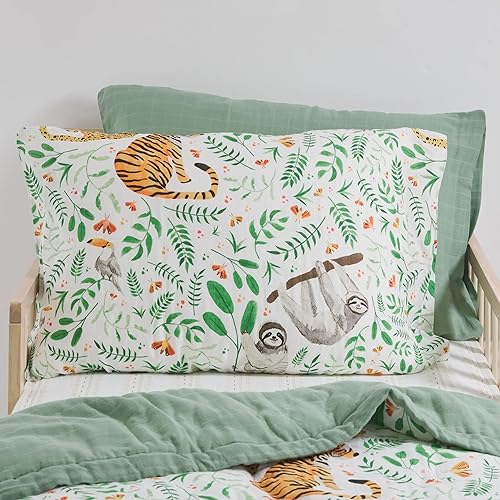 Image of Little Unicorn Standard Pillowcase 2 Pack | Super Soft & Breathable Muslin Fabric | Snug Envelope Closure | for Crib and Toddler Bed (Mighty Jungle)