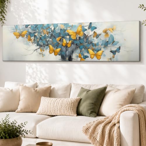 Image of Large Stretched Canvas Painting, Panel Wall Painting Abstract Tree with Yellow Butterfly Luxury Paintings for Home Decoration, Living room, Bedroom and Office Decor (Sky Blue, 12x46 Inch)