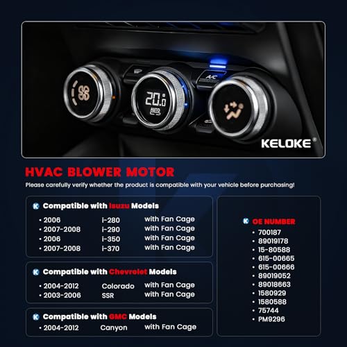 Image of KELOKE HVAC Heater Blower Motor Fan Compatible with 2004-2012 Chevy Colorado, 2003-2006 Chevy SSR, 2004-2012 GMC Canyon, Isuzu i-280 i-350 i-290 i-370, Replace# 700187 89019178