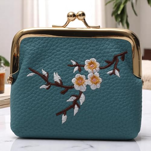 1Pcs Pouch Wallet Plum Blossom Embroidery Snap Wallet PU Leather Blue 11x10cm