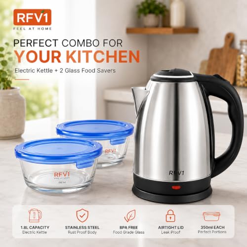 Image of 3-Piece Kitchen Combo Set | 2 Litre Stainless Steel Electric Kettle with Automatic Shut-Off & 360 Swivel Base | 2 x 350 ml Glass Bowls with Airtight Lids BEST FOR DIWALIGIFTING