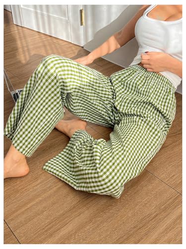 OYOANGLE Women's Plaid Print Linen Long Pants Elastic High Waisted Wide Leg Y2K Loose Casual Trousers4