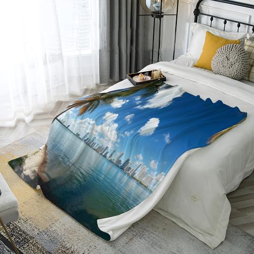 JSCWDET Palmeras Mar Mantas para Sofa Franela 150×200 Cm, Manta para Cama Invierno Ultra Suave Polar, Manta Sofa Pelo Largo Paisaje Urbano para Sofá, Cama O Sala De Estar