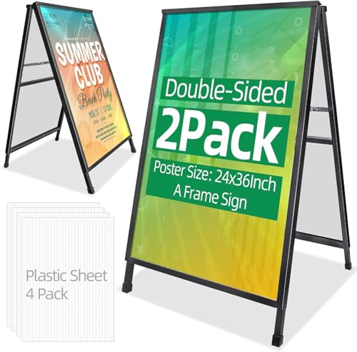VAIIGO 2 Pack Heavy Duty A-Frame Sidewalk Sign 24 x 36 Inch, Portable Double-Sided Sandwich Board Slide-in Folding Metal Signboard with 4 Plastic Poster Boards
