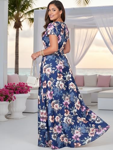 Image of KOH KOH Womens Long Cap Sleeve Floral Print V-Neck Summer Flowy Maxi Dress