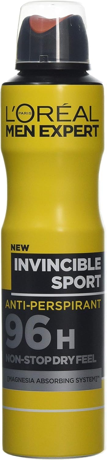 L'Oréal Mens Deodrant, Men Expert 96H Invincible Sport Anti-Perspirant Spray Bulk Pack, Ultra-Powerful Sweat Protection with Fresh Aromatic Woody Scent, Alcohol-Free, 250ml (Pack of 6)