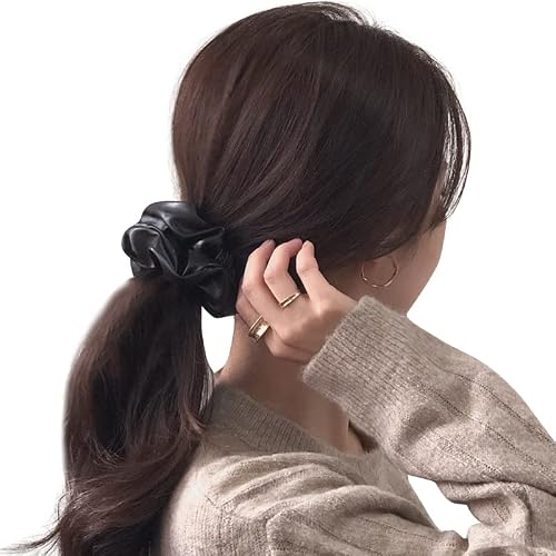 Otyou 6 Pack Pu Leather Cheer Hair Scrunchies Gold Stamping School Performance Scrunchy Bobbles Elastic Hair Bands Ties Hair Accessories Wrist Band Dance Recital,Gymnastics,Birthday,Themed Party Festivals Cosplay Show For Girls (Black) #TOP4