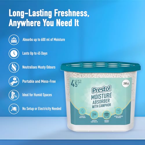 Image of Amazon Brand - Presto! Moisture Absorber with Camphor | 280g x Pack of 3 | Absorbs Upto 600Ml Each | Eliminates Musty Odour | Lasts Upto 45 Days
