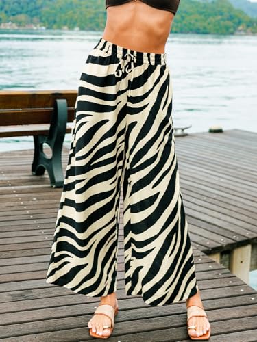 Image of CUPSHE Women's Wide Leg Beach Pants - Tropical Floral with Pockets Plus Size Casual Flowy Vacation Bottoms