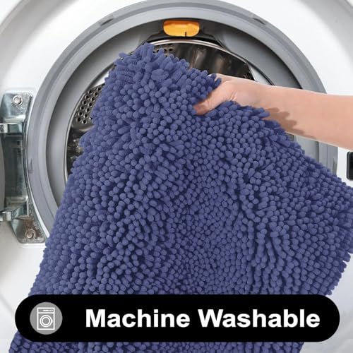 Image of LUXEHOME International Microfibre Chenille Contour Bath Mat Set for Bathroom, Anti Slip Super Absorbent Quick Dry Washable Bathroom Mats, Solid (Navy 45x75cm & 47x47cm) Pack of 2