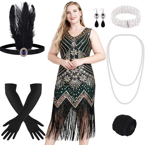 ELECLAND Vestido com franjas com contas de lantejoulas e decote em V dos anos 20 com conjunto de acessórios dos anos 20 (verde (estilo 2), L)