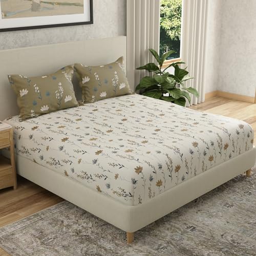 Image of HUESLAND by Ahmedabad Cotton 144 TC Cotton Elastic Fitted Bedsheet King Size with 2 Pillow Covers | 72 x 78 inches