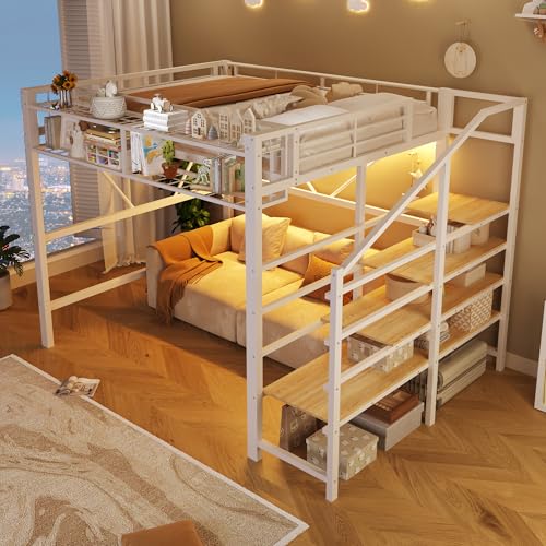 Huayz Cama alta de metal de 90 x 200 cm, con escritorio, estantería, cama juvenil con escalera de almacenamiento, LED y enchufe, multifuncional para niños y adolescentes, sin colchón (blanco - A, 140