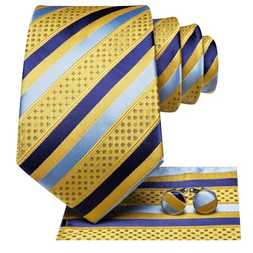 Image of Hi-Tie Mens Plaid Ties Classic Paisley Necktie with Handkerchief Cufflinks Set Business Stripe Tie