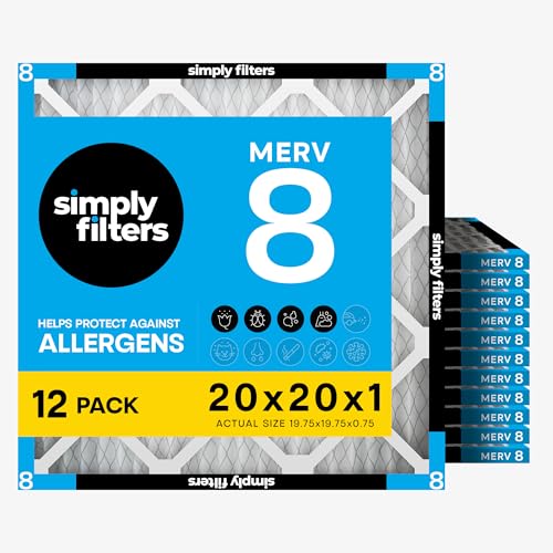 Simply 20x20x1 Air Filter Merv 8 MPR 600 12 Pack Furnace Air Filter for HVAC (Actual Size: 19.75x19.75x0.75) DUST Pet & Allergy Control