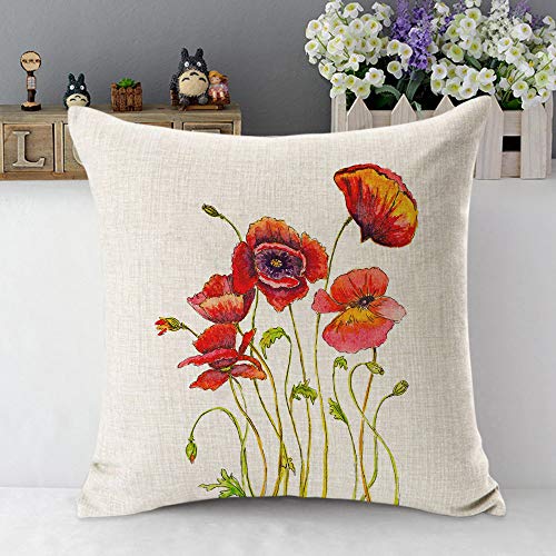 Mugod Poppies Pillow Cover Watercolor Poppy Flower Floral Stem Nature Orange Red Green Decorative Throw Pillow Cases Cotton Linen Indoor Square Cushion Covers 18X18 Inch For Home Sofa Couch #TOP4