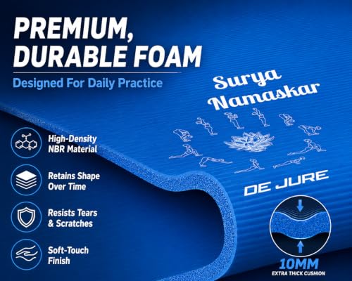 Image of De Jure Fitness Yoga Mat for Women and Men, 10mm Extra Thick Non-Slip NBR Exercise Mat for Yoga, Pilates, Gym & Floor Workouts - with Carry Strap