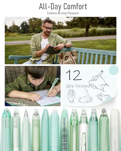 Image of Four Candies Gel Pen Set, Cute Writing Pens with 0.5mm Fine Tip, Black & Green Ink Pens with Highlighter, Aesthetic Stationery Supplies for School, Office, Pack of 12 - Forest Series | Teal School Supplies, Office Essentials, Pen and Highlighter Stationery Set, Aesthetic Desk Decor & Accessories - Forest