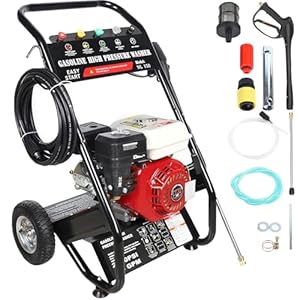 4-Takt Benzin 7,5PS Profi Hochdruckreiniger mit 5 Düsen und Schlauch, 170-190 Bar Benzinmotor Flächenreiniger Benzin Selbstansaugend Reinigungsmaschine für die Reinigung von Böden und Fahrzeugen