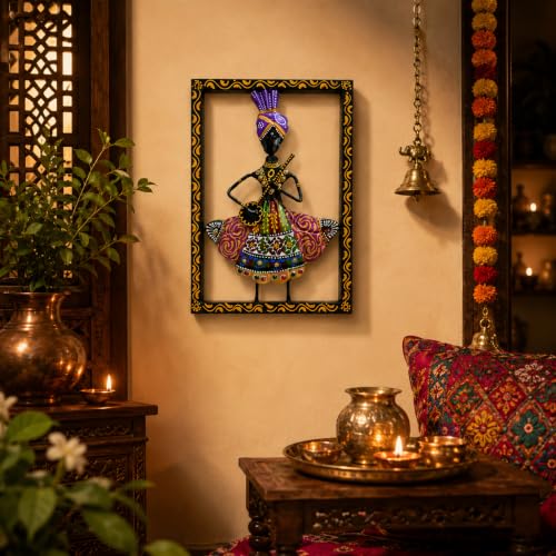 Image of iHandikart Metal Wall Art for Home Decor | Rajasthani Folk Musician Wall Sculpture with Stone Work | Hand-Painted Iron Wall Hanging for Living Room, Bedroom, Hallway, Office | 11.5 x 8 Inch