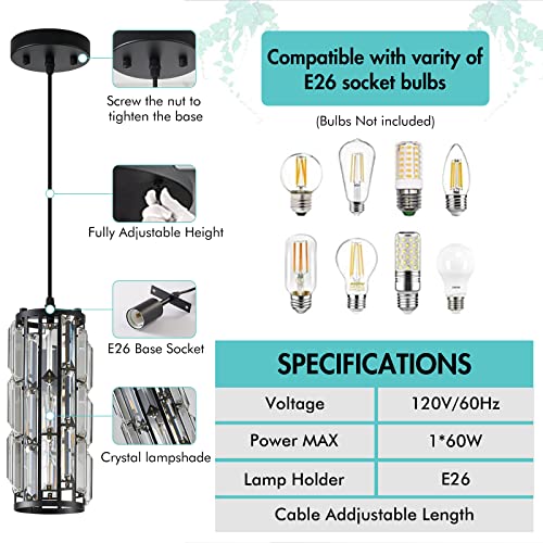 XLHYTF Black Pendant Lighting Modern Pendant Lighti，Pendant Lights Kitchen Island Crystal Pendant Light Fixture，Mini Crystal Chandeliers for Kitchen, Dining Room and Bedroom (3 Pack) by XLHYTF - Used condition - Image 2