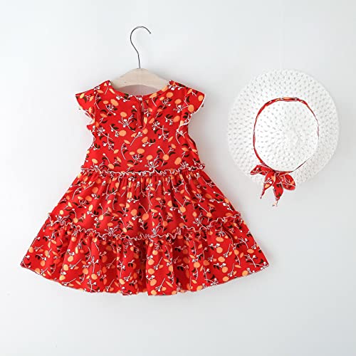 Image of Bold N Elegant Toddler Girls Summer Dress with Crochet Hat Set, Sleeveless Floral /Strawberry Print Tiered Sundress, Casual Beach Party Outfit for Baby Girls 1-6 Years