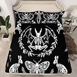 Skull Fitted Sheet & Pillow Sham Set Bat Skeleton Fitted Sheet Boho Moth Gothic Skull Bedding Set for Kids Boys Girls Adults Halloween Themed Bed Cover Soft Horror Room Decor Queen Size No Flat Sheet