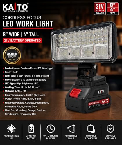 Image of KAITO 21V Rechargeable LED Work Light with Battery & Charger, Portable Focus Flood Lamp for Workshop, Garage, Vehicle Repair, Camping, Outdoor Night Work & Emergency Use (Black)
