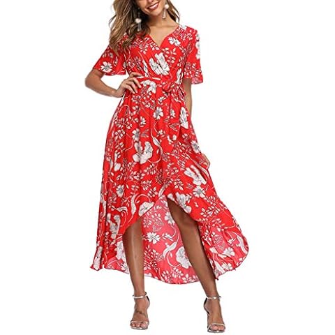 V Fashion Women's Floral Wrap Maxi Dress Short Sleeve Boho High Low Beach Party Dress Red Cover