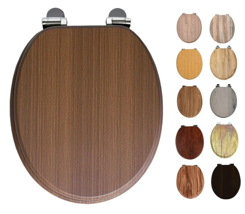 Walnut Soft Close Toilet Seat, MDF Wood Effect, Oval Shape, 435mm Length, Bottom Fixing