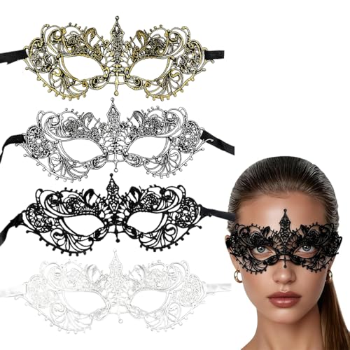 4 Pièces Masques Vénitiens en Dentelle, Loup Demi-Forme Sexy Mascarade, Pour Halloween, bal masqué