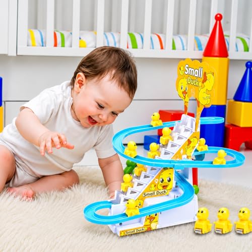 Image of KmCho Duck Track Toy for Kids, Automatic Stair Climbing Duck Set with Flashing LED Lights & Music, Cartoon Duck Escalator Race Track Toy, Educational Battery Operated Toy for Boys & Girls