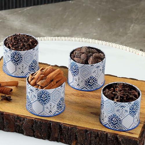 Image of Maroc Collection Airtight Kitchen Container Set| 450ML- Set of 4| Food Grade Metal Jars for Spices, Seeds, Green Tea & Dry Storage| Vacuum Lid, Rust Resistant, Stylish Moroccan Blue Canisters