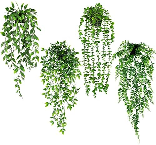 JPSOR 4pcs Artificial Hanging Plants, Fake Hanging Plants Potted Greenery Faux Persian Fern Fake Plants in Pot for Wall Room Patio Office Table Shelf Decor