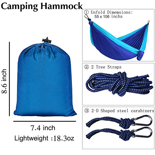 Camping Hammock, Double & Single Portable Hammocks With 2 Tree Straps And Carabiners | Easy Assembly | Lightweight Parachute Nylon Hammocks For Backpacking, Travel, Beach, Hiking (Blue/Sky Blue) #TOP2