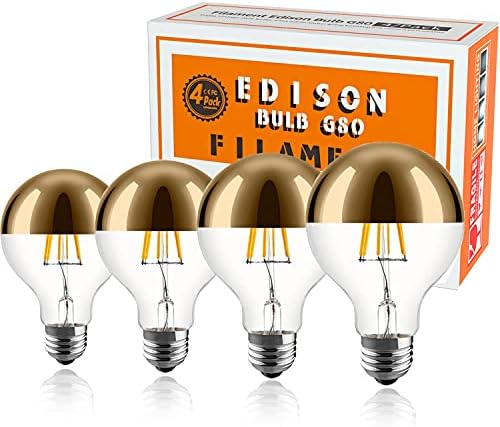 KarlunKoy Half Chrome Light Bulb 6W (60W Equivalent) Dimmable LED Edison Bulb G80/G25 Globe Shape Decorative LED Bulb Half Gold Reflected Light 2700K Soft White E26 Base Pack of 4