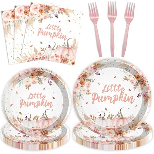 Joliaco 96 Pcs Little Pumpkin Party Tableware Set Autumn Fall Pumpkin Disposable Paper Plates and Napkins Watercolor Boho Chic Pink Floral Girl Baby Shower Party Supplies for 24 Guests
