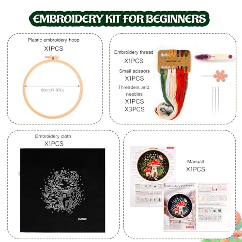 Image of KESTAR Embroidery Starter Kit, Mushroom Butterfly Embroidery Kit for Adults Beginners, Cross Stitch Kits with Embroidery Cloth Hoops Needles Instruction and Threader