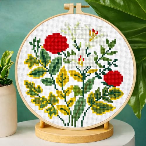 Image of Zhenqing Rose and Lily Cross Stitch Kit for Beginners - 11CT 24x24cm Pre-Printed Pattern with Embroidery Hoop, Threads & Tools, Floral Design(70519)