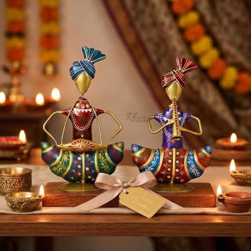 Image of Sitting Sardar Set of 2 Multicolour Handcrafted Rajasthani Musician Figurines, Traditional Metal Table Decor Showpiece for Office Desk, Corporate Bulk Gifting (2x10x16 cm)