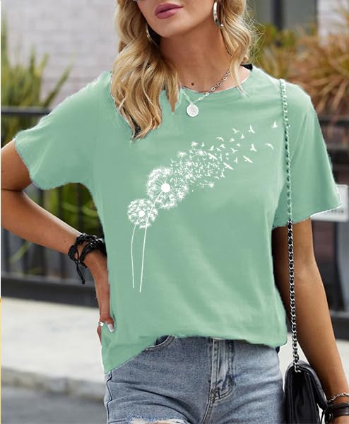 Image of Womens Dandelion T Shirts Sunflower Graphic Short Sleeve Casual Tops